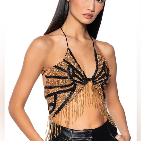 AKIRA Tops - AKIRA Chain Detail Gold and Black Butterfly Beaded Strappy Top Size M / L